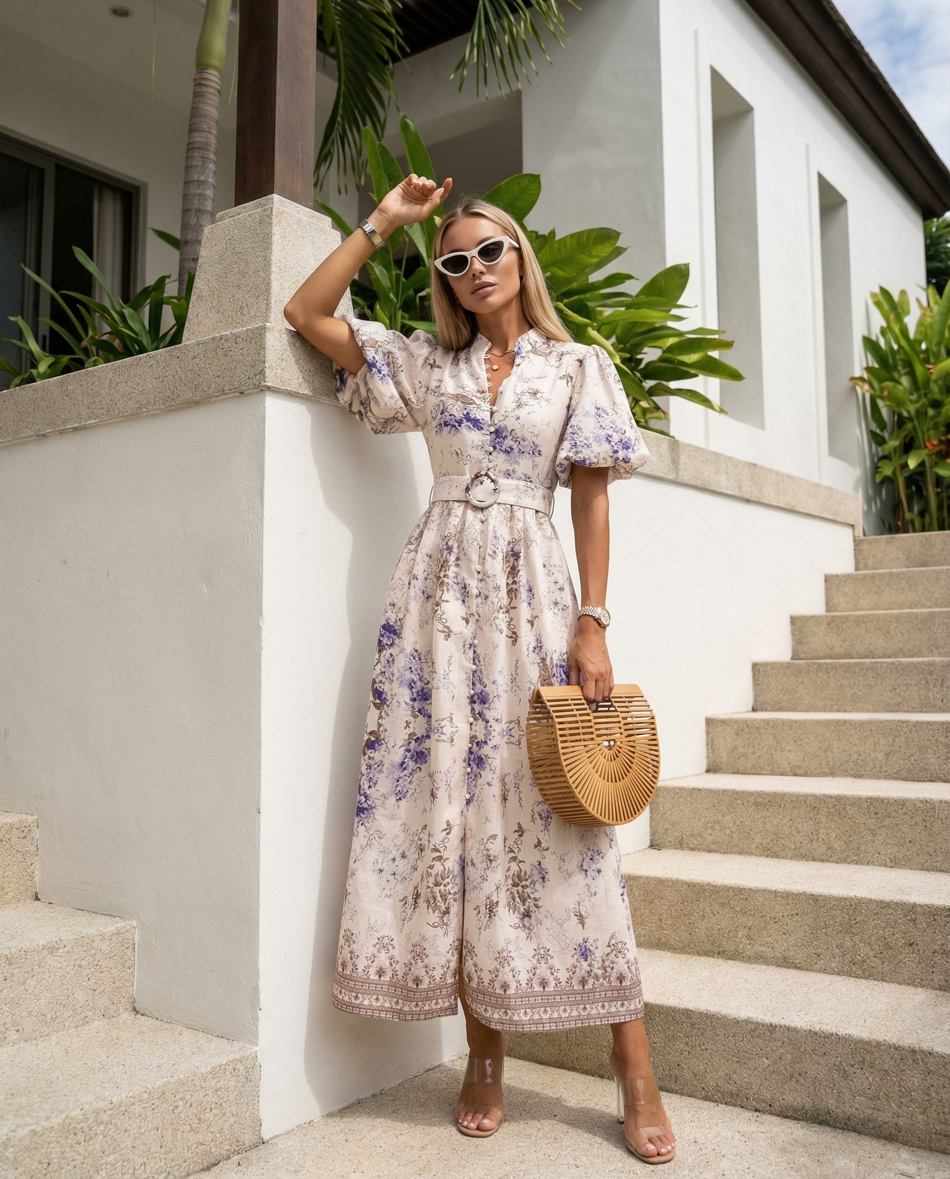 Béžové kvetované midi šaty s opaskom – elegantné letné dámske šaty- L 3142