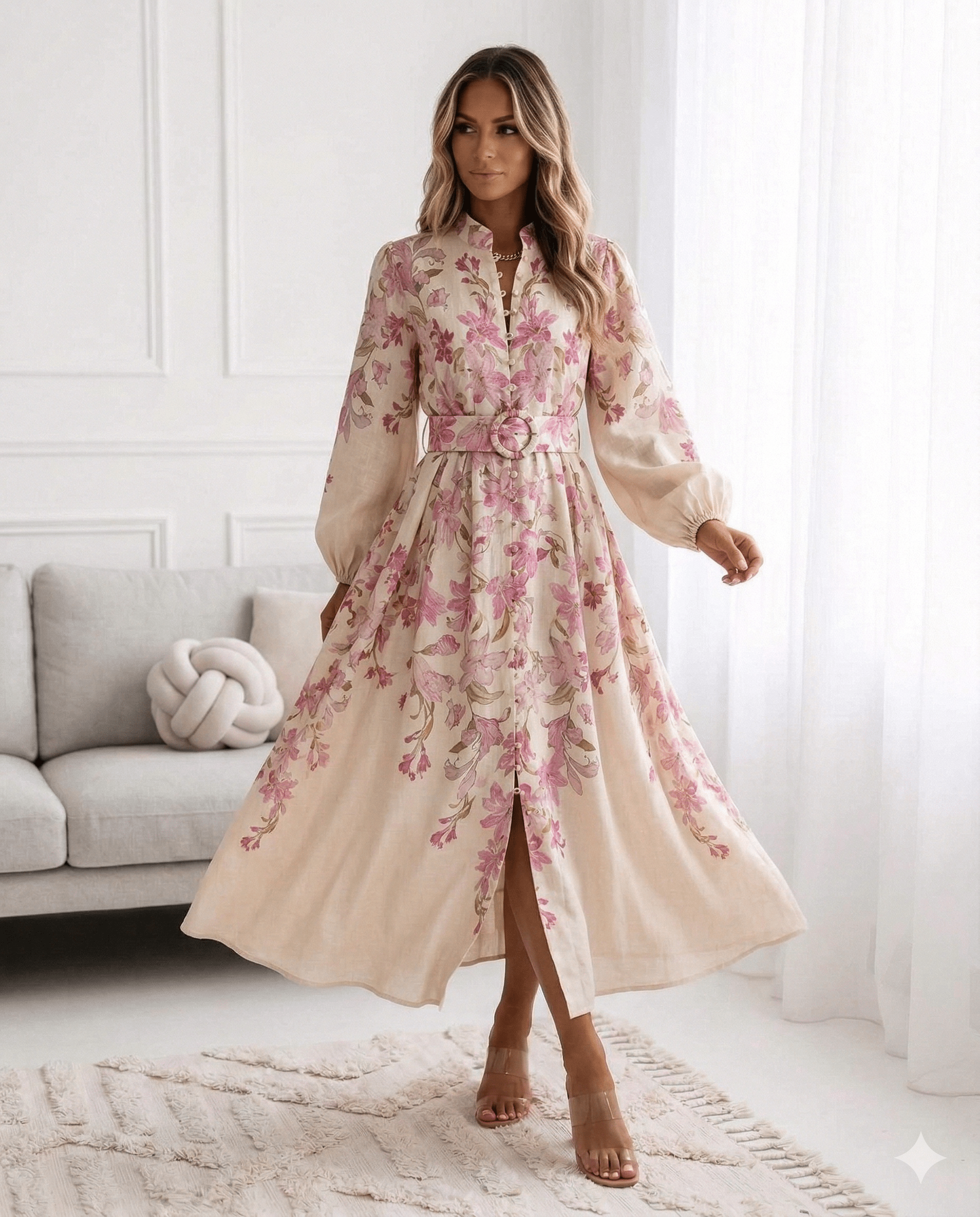Elegantné kvetinové midi šaty s opaskom – dámske šaty na špeciálne príležitosti - S 9149