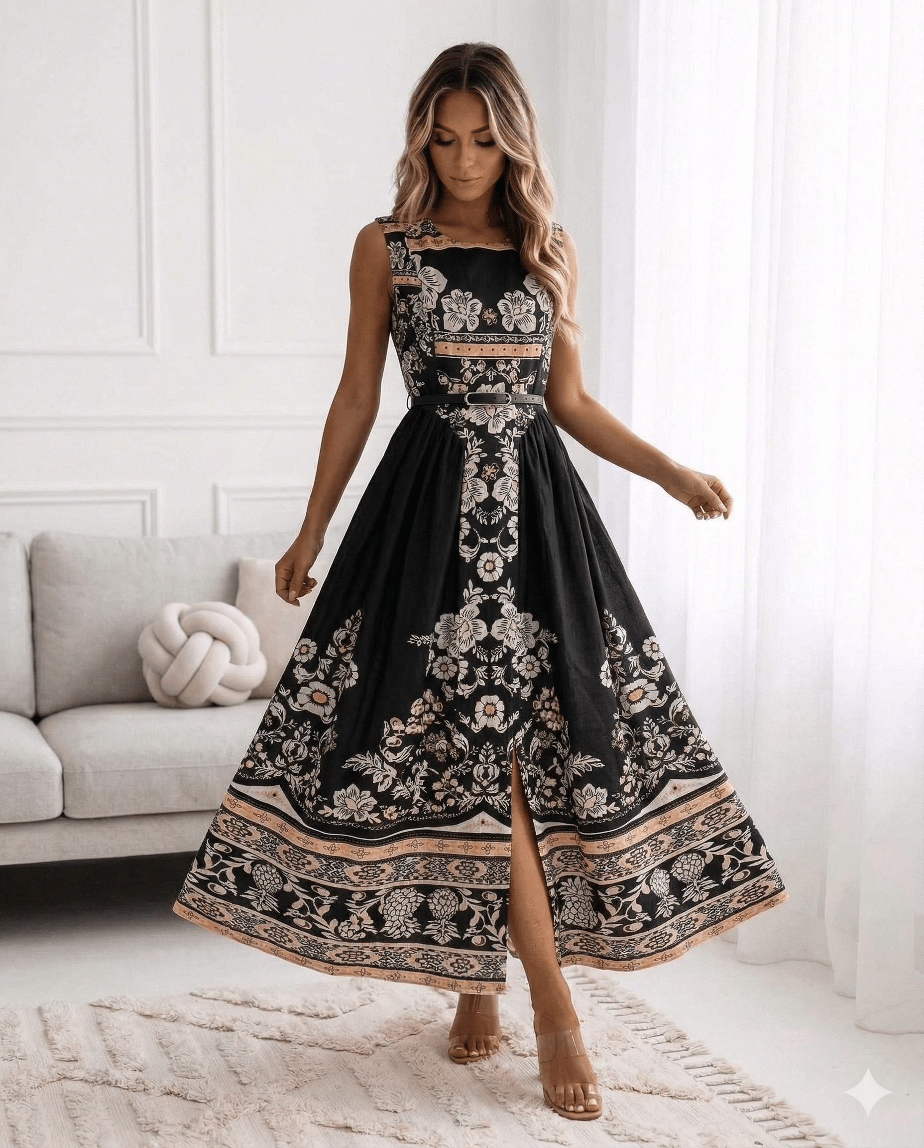 Čierne vzorované midi šaty s opaskom – luxusné elegantné šaty - S 0129 – Obrázok 2