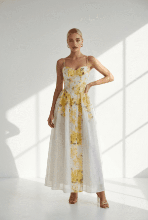 Romantické maxi šaty s kvetinovým vzorom – elegancia v žltých tónoch - K 7149