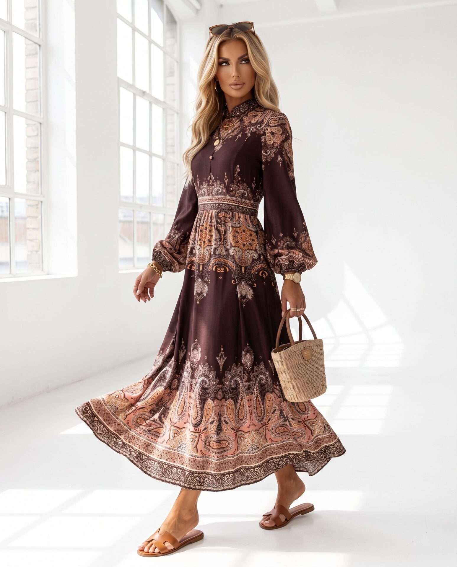 Elegantné hnedé boho maxi šaty s orientálnym vzorom- K 2149