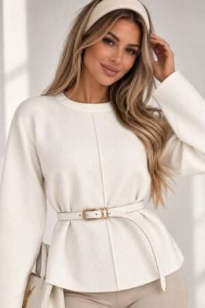 Smotanový elegantný dámsky top s opaskom - C 6584