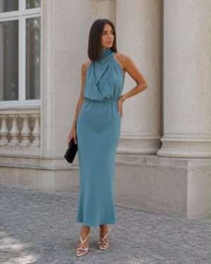 Morské modré elegantné dámske maxi šaty s riasením - N 7129