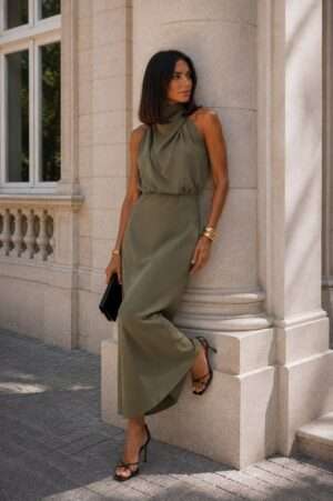 Khaki elegantné dámske maxi šaty s riasením - N 7129