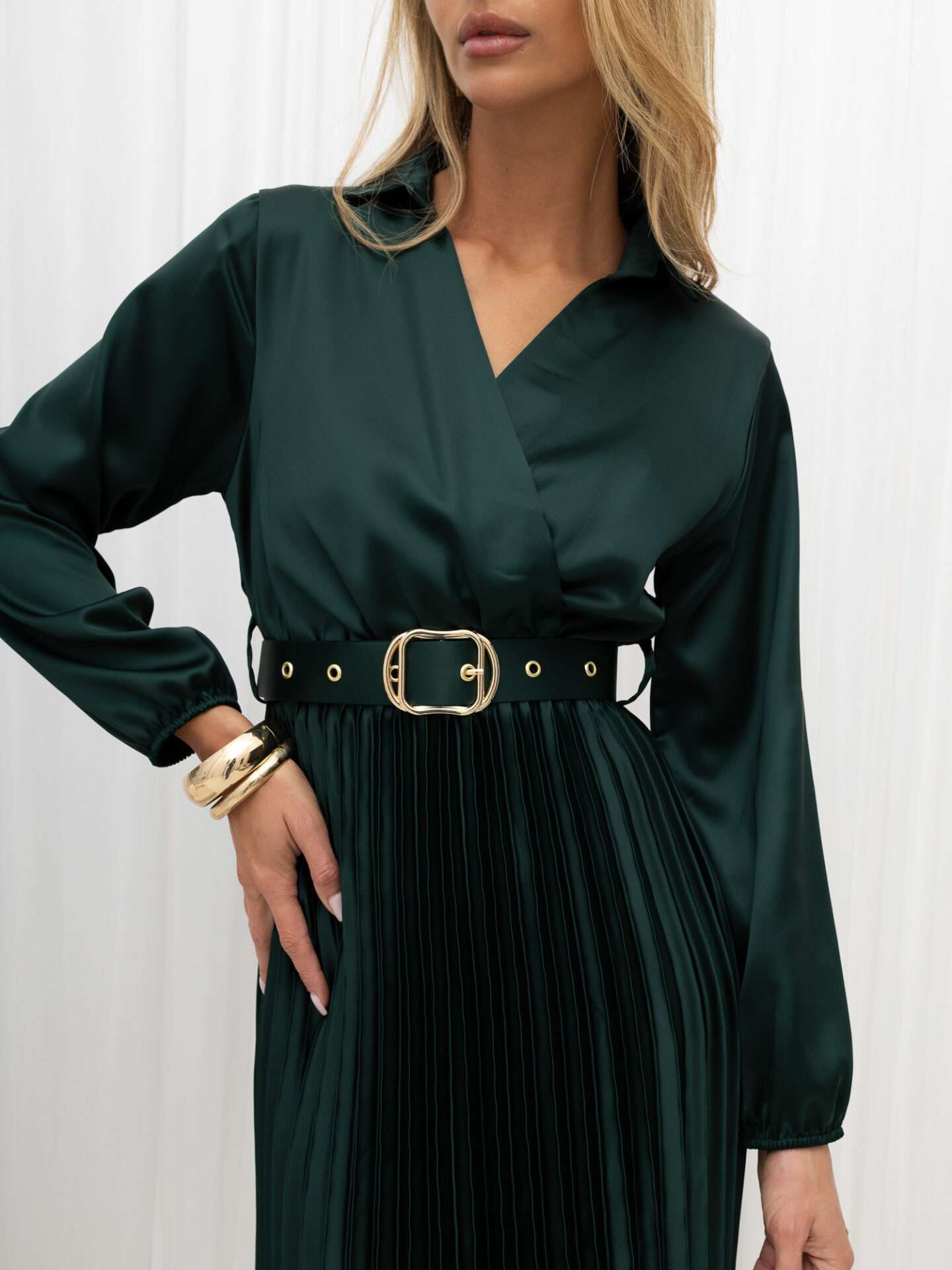 Elegantné plisované midi šaty s opaskom/zelené - M 8173 – Obrázok 3