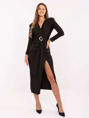 Elegantné čierne spoločenské midi šaty s riasením a rozparkom - S 5144