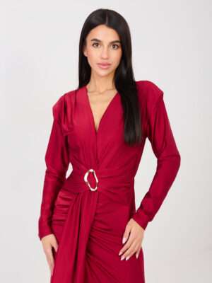 Elegantné červené spoločenské maxi šaty s riasením a rozparkom - S 5144